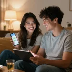 Playful moment between couple enjoying ai chat porn on devices in cozy room.