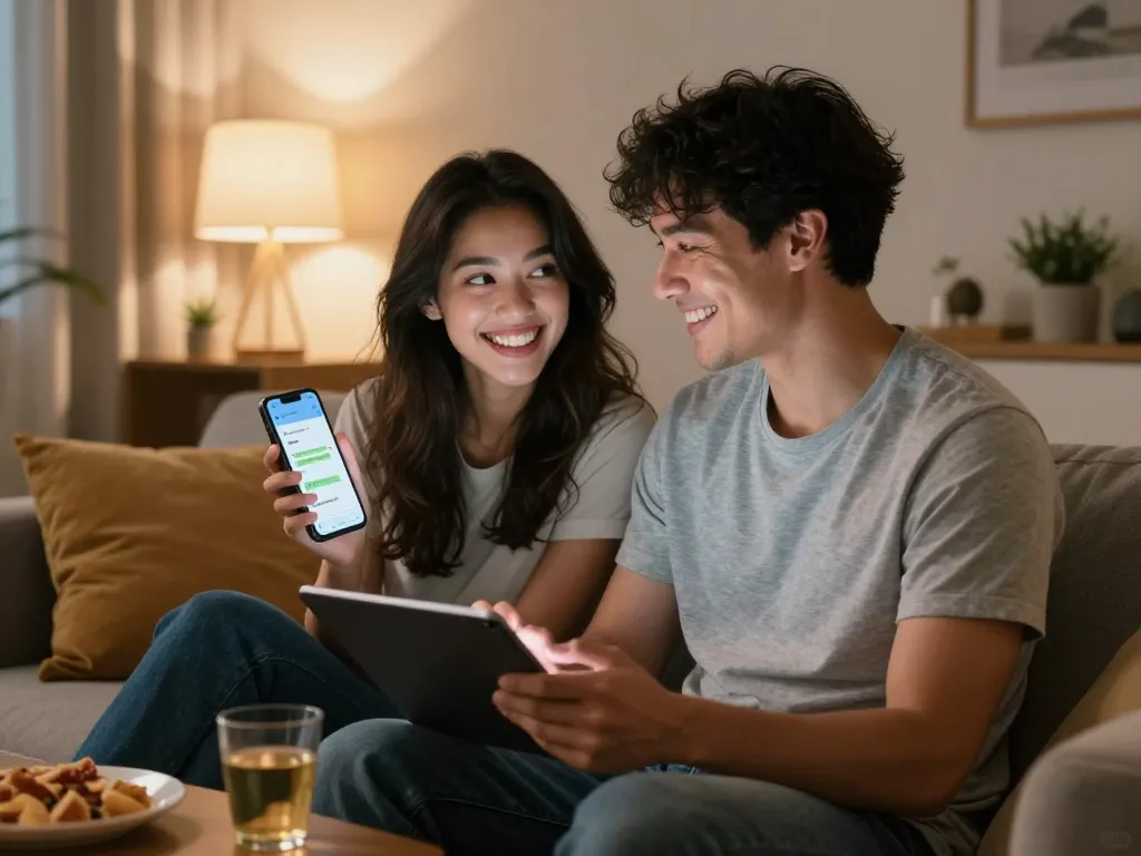 Playful moment between couple enjoying ai chat porn on devices in cozy room.