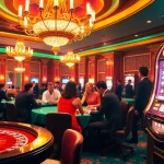 Découvrez l'excitation de meilleure casino en ligne avec une scène de casino vivante mettant en avant des jeux de poker et des machines à sous.