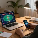 Player analyzing dark web links on online casino app with strategic planning notes.