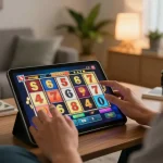 Pemain yang terlibat memutar slot tautan di tablet dalam suasana rumah yang nyaman.