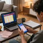Engaged player checking live cambodia lottery results on a mobile device in a cozy living room setting.