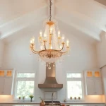 Bright and elegant island chandelier illuminating a stylish kitchen space.
