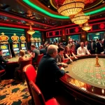 Le meilleur casino en ligne présente des tables de jeu vibrantes, des joueurs animés et des jetons colorés dans une atmosphère luxueuse.
