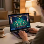 Engaged player enjoying F168 live dealer blackjack on laptop in cozy home setting.