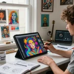 Creating innovative digital art in a vibrant studio with image to prompt ai tools.