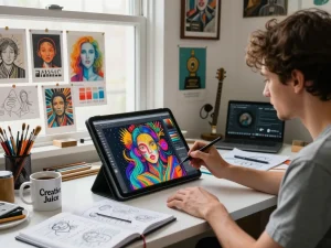 Creating innovative digital art in a vibrant studio with image to prompt ai tools.