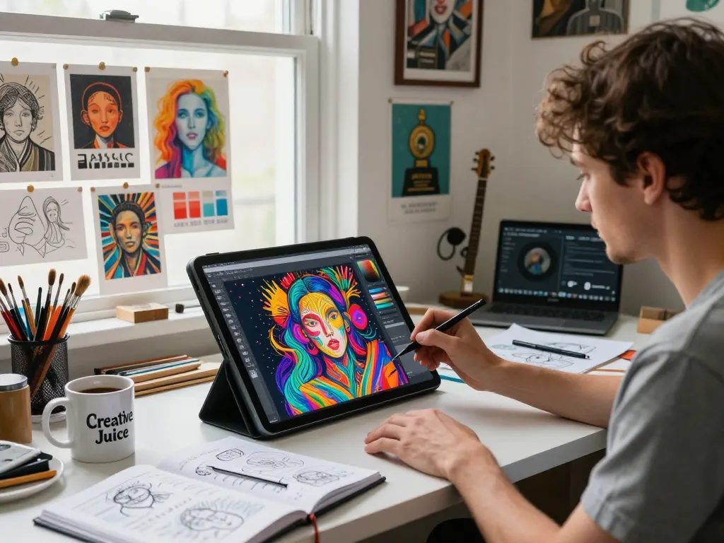 Creating innovative digital art in a vibrant studio with image to prompt ai tools.