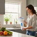 Waterdrop Replacement for GE® RPWFE® being installed in a modern kitchen with fresh produce.