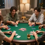 Suasana malam poker di rumah yang menarik, menunjukkan kebersamaan saat mencari opsi daftar poker online.