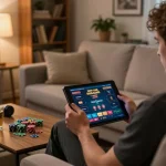 Engaging in strategic gameplay at a lista casino online non aams on a tablet, relaxed home atmosphere.