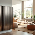 Elegante heizkörper in modernem Wohnzimmer, kombiniert mit natürlichem Licht und stilvollem Design.