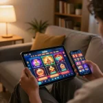 Player enjoying a casino senza registrazione experience on a tablet in a cozy home setting