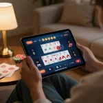 Person using a casino app on a tablet, highlighting casino stranieri che accettano italiani for safe online gaming.