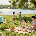 Family applying mosquito repellent during a summer picnic in a park.