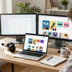 Buy PLR Products Online from an engaging digital marketplace with vibrant graphics and a motivating entrepreneur.
