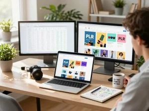 Buy PLR Products Online from an engaging digital marketplace with vibrant graphics and a motivating entrepreneur.