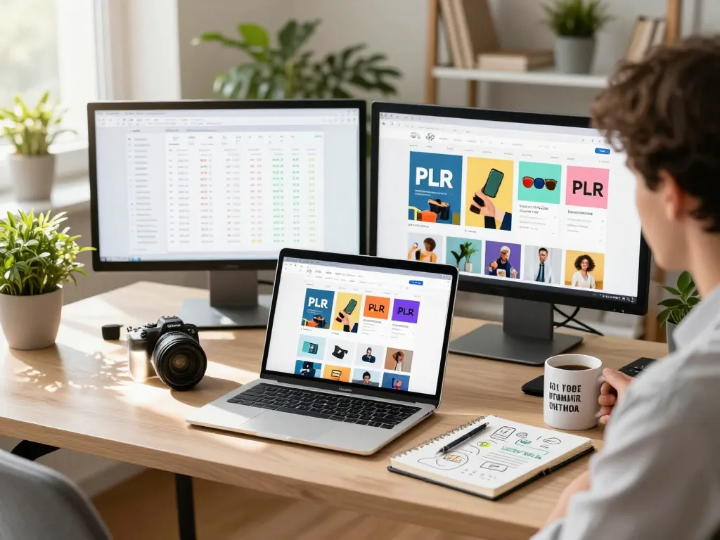 Buy PLR Products Online from an engaging digital marketplace with vibrant graphics and a motivating entrepreneur.
