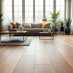 Explore elegant vinyl plank flooring in a modern living room setup emphasizing comfort and style.