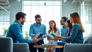 Providing managed IT services Lakeland, a team collaborates in a bright, modern office environment.