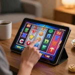 Suasana permainan online yang menarik menampilkan simbol slot gacor berputar di tablet, suasana ceria dari permainan santai.