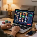 Engaging with online casinos in Canada reddit on a laptop at home, showing vibrant gaming options and strategy notes.