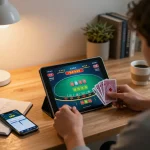 Player enjoying live dealer blackjack game on 388bet app at home, showcasing responsible gaming.