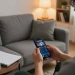 Engaging with the 888top casino app on a smartphone in a cozy setting, promoting responsible gaming.