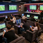 Engaging sports fans placing bets in a vibrant lounge at bola 7meter event