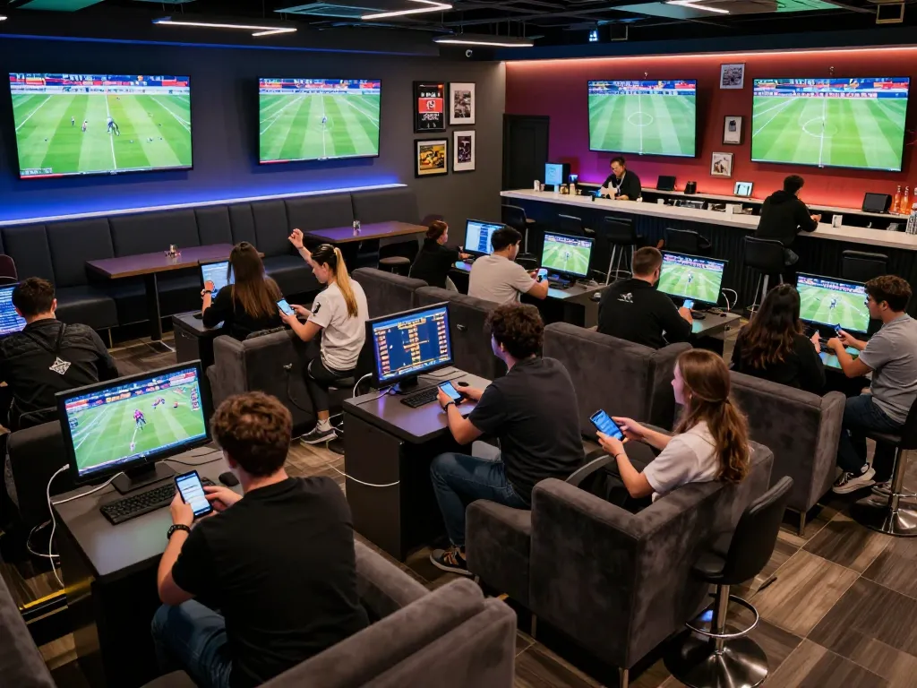 Engaging sports fans placing bets in a vibrant lounge at bola 7meter event