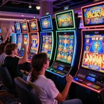 Players enjoying slot jepang in a colorful casino environment, celebrating wins with excitement.