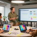 Team collaborating on a mixboard in a bright creative workspace.
