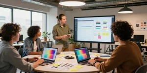 Team collaborating on a mixboard in a bright creative workspace.