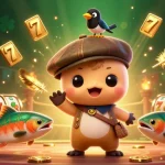 Engage in thrilling games at win678 com with vibrant casino elements, showcasing dynamic slot reels and playful cartoon characters.