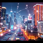 Visual representation of EORMC blockchain development showcasing interconnected technology in a futuristic city.
