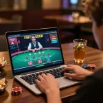 Engaged gamer at Fly88 Movie enjoying live dealer blackjack on laptop in a cozy setup.