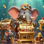 Engage with สล็อตเว็บตรง on a vibrant 3D illustration of a steampunk elephant mastering a slot machine.