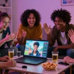 Group of friends enjoying smash or pass ai game with AI-generated images in a cozy living room.