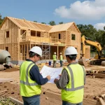General contractor supervising a residential construction project with builders on site, highlighting teamwork and craftsmanship.