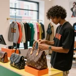 Stylish shopper exploring luxury 레플리카 products in a modern boutique.