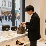 Fashion enthusiast checking luxury replica accessories in a chic boutique highlighting 명품 레플리카 options.