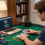 Engaging moment at home for the online game, including trang chủ qq88 and live poker gameplay.