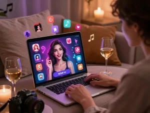 Enjoying a lively nsfw ai chat with a vibrant digital chatbot in a cozy setting.