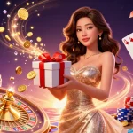 Experience winning moments at fly88 with a stunning Asian woman surrounded by casino treasures and luck.