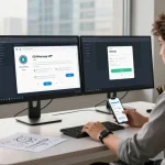 Developer coding GB WhatsApp APK on dual monitors in modern workspace.