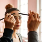 Applying skone cosmetics brow wand for perfectly defined brows in a bright studio setting.
