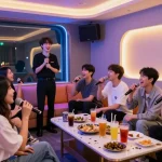 Guests enjoying karaoke at 인천쓰리노 with lively atmosphere and colorful decor.
