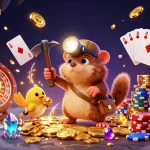 Engage in thrilling 789BET SÒNG BÀI adventures with a cartoon mole and gems amidst dynamic casino elements.