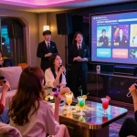 Engaging atmosphere in a luxurious 강남가라오케 room, featuring colorful lights and stylish patrons.