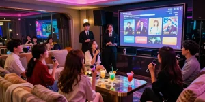 Engaging atmosphere in a luxurious 강남가라오케 room, featuring colorful lights and stylish patrons.